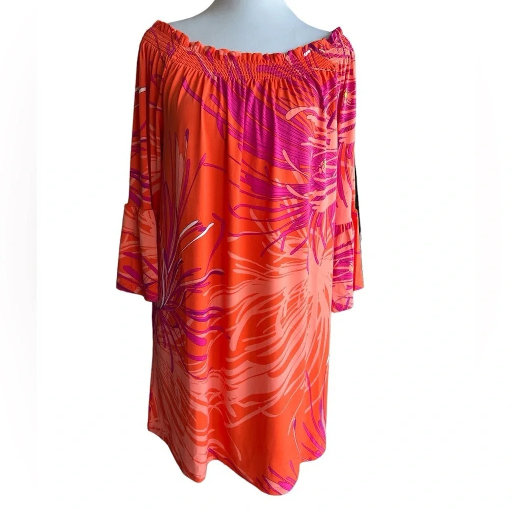 Trina Turk Size M Orange Pink Floral Print Dress Off-Shoulder New
